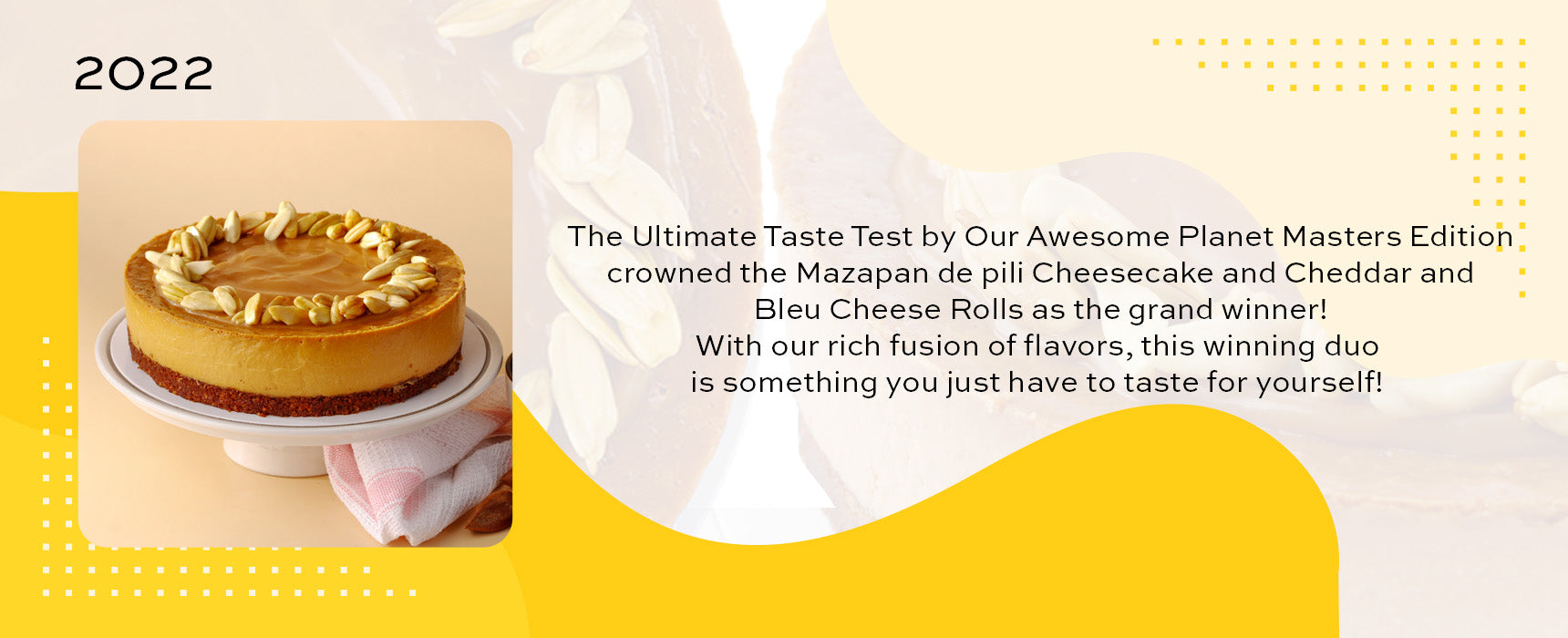 Mazapan de Pili Cheesecake on a cake stand, topped with whole pili nuts—winner of the 2022 Ultimate Taste Test by Our Awesome Planet.